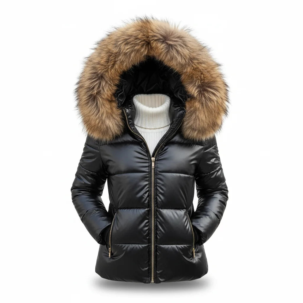 Black with Brown Hood Women's Faux Fur Hooded Puffer Jacket with Side Pockets - Front Styled Sweater