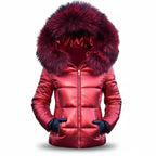 Women's Faux Fur Hooded Puffer Jacket with Side Pockets - Close Up Hood