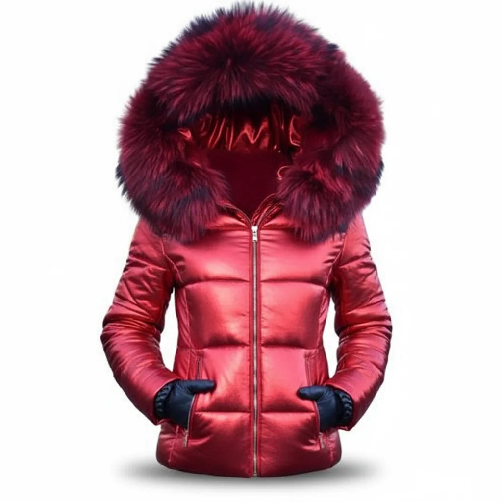 Women's Faux Fur Hooded Puffer Jacket with Side Pockets - Close Up Hood
