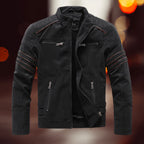 Black Men's Biker Jacket in Faux Leather with Zip Front & Quilted Shoulders
