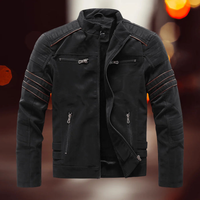 Black Men's Biker Jacket in Faux Leather with Zip Front & Quilted Shoulders