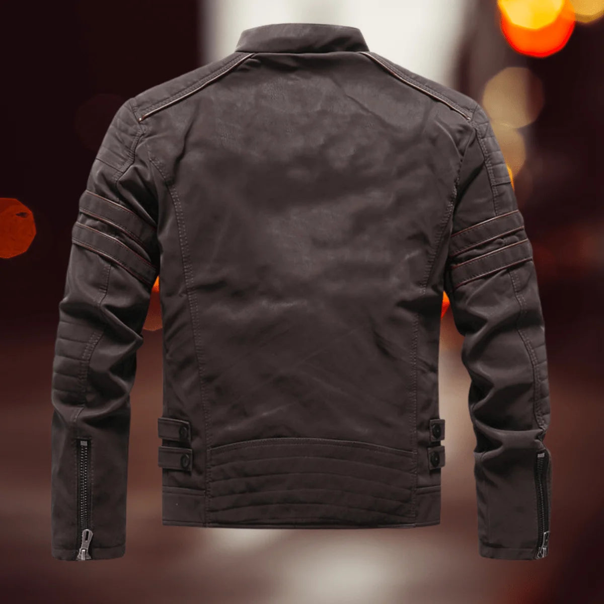 Men's Biker Jacket in Faux Leather with Zip Front & Quilted Shoulders - Back Full