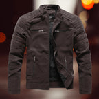Brown Men's Biker Jacket in Faux Leather with Zip Front & Quilted Shoulders