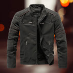 Dark Green Men's Biker Jacket in Faux Leather with Zip Front & Quilted Shoulders - Front Closed
