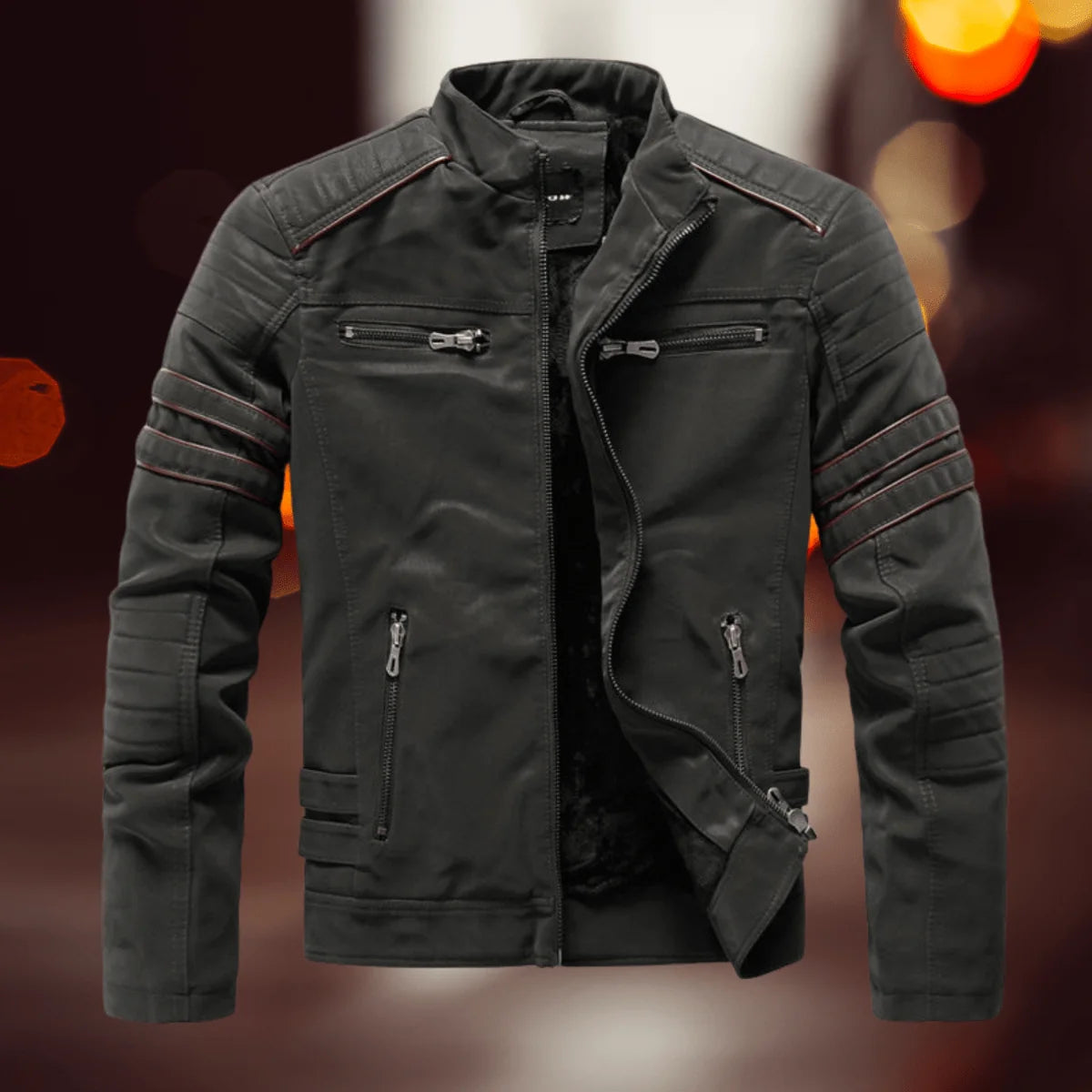 Dark Green Men's Biker Jacket in Faux Leather with Zip Front & Quilted Shoulders - Front Closed
