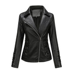 Black Women's Faux Leather Biker Jacket with Lace-Up Detailing & Asymmetric Zip