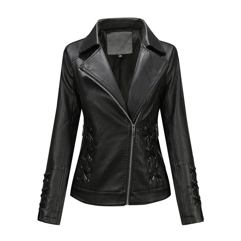 Black Women's Faux Leather Biker Jacket with Lace-Up Detailing & Asymmetric Zip