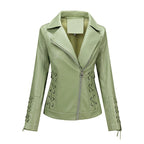 Green Women's Faux Leather Biker Jacket with Lace-Up Detailing & Asymmetric Zip