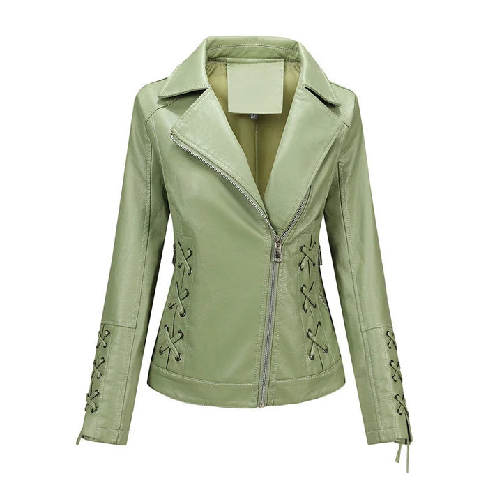 Green Women's Faux Leather Biker Jacket with Lace-Up Detailing & Asymmetric Zip