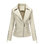 Ivory White Women's Faux Leather Biker Jacket with Lace-Up Detailing & Asymmetric Zip