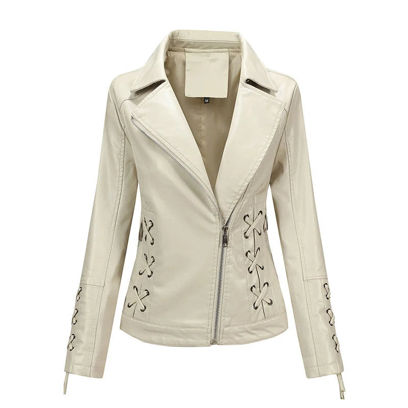 Ivory White Women's Faux Leather Biker Jacket with Lace-Up Detailing & Asymmetric Zip