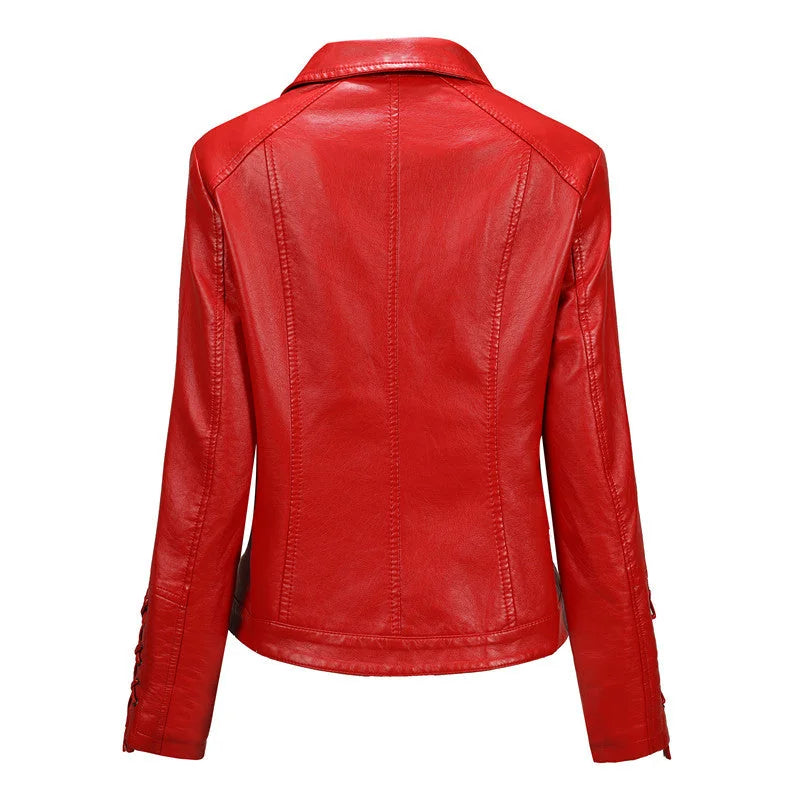 Women's Faux Leather Biker Jacket with Lace-Up Detailing & Asymmetric Zip - Back Full