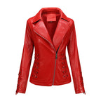Red Women's Faux Leather Biker Jacket with Lace-Up Detailing & Asymmetric Zip