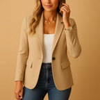 Beige Women's Fitted Blazer with Peak Lapels & Sculpting Stretch Fit