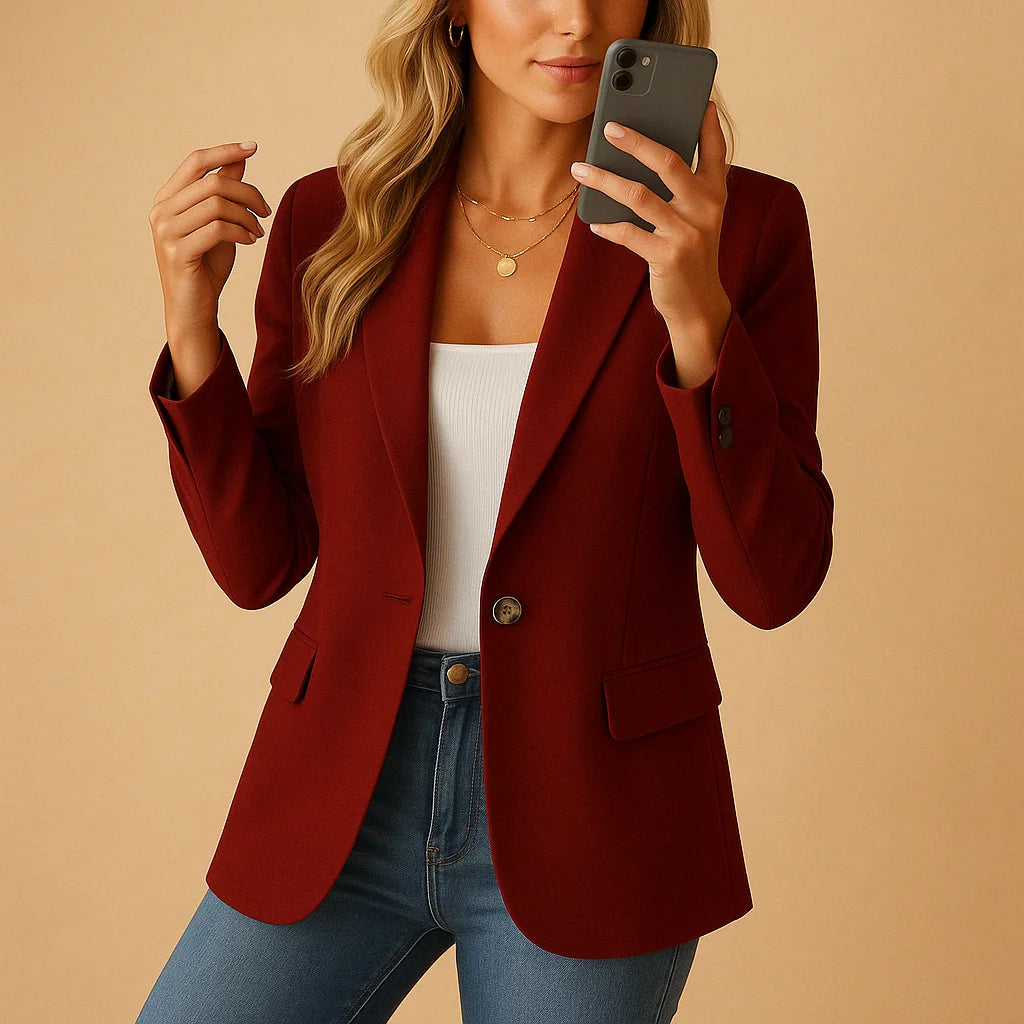 Dark Red Women's Fitted Blazer with Peak Lapels & Sculpting Stretch Fit