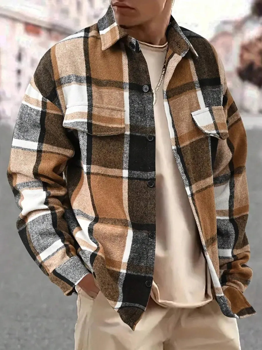 Brown Yellow Men's Plaid Flannel Shirt Jacket with Relaxed Everyday Fit
