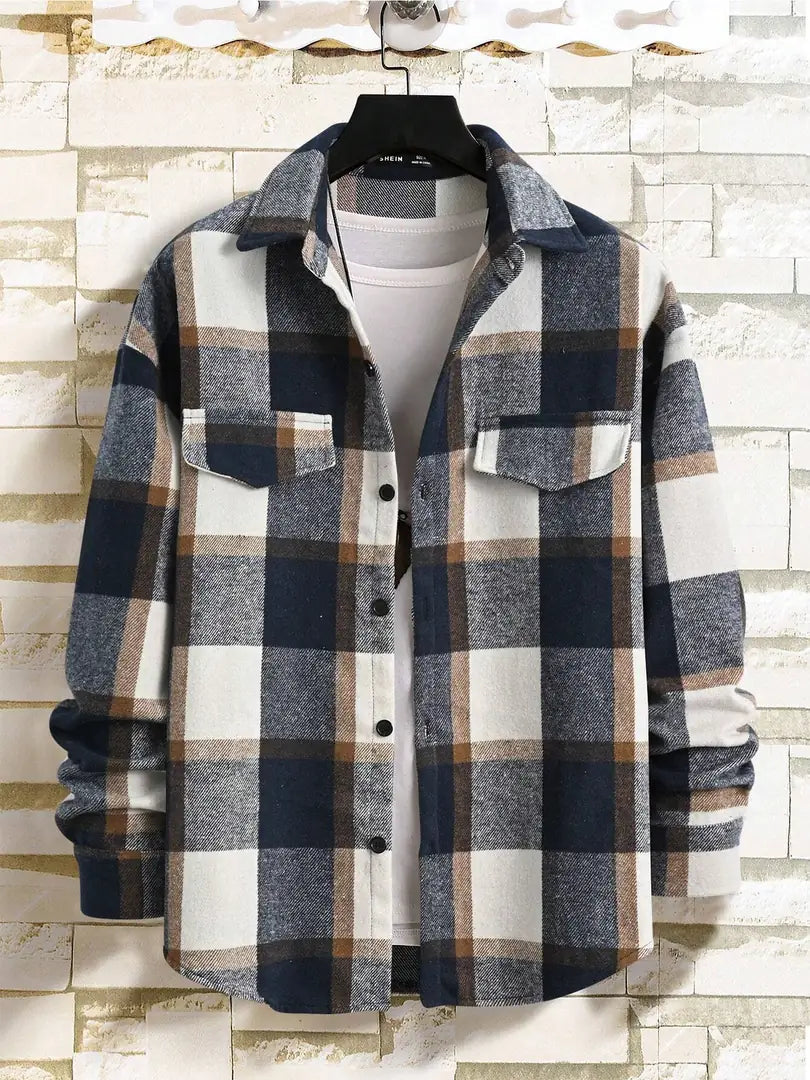 Men's Plaid Flannel Shirt Jacket with Relaxed Everyday Fit - Flat Lay Hanger