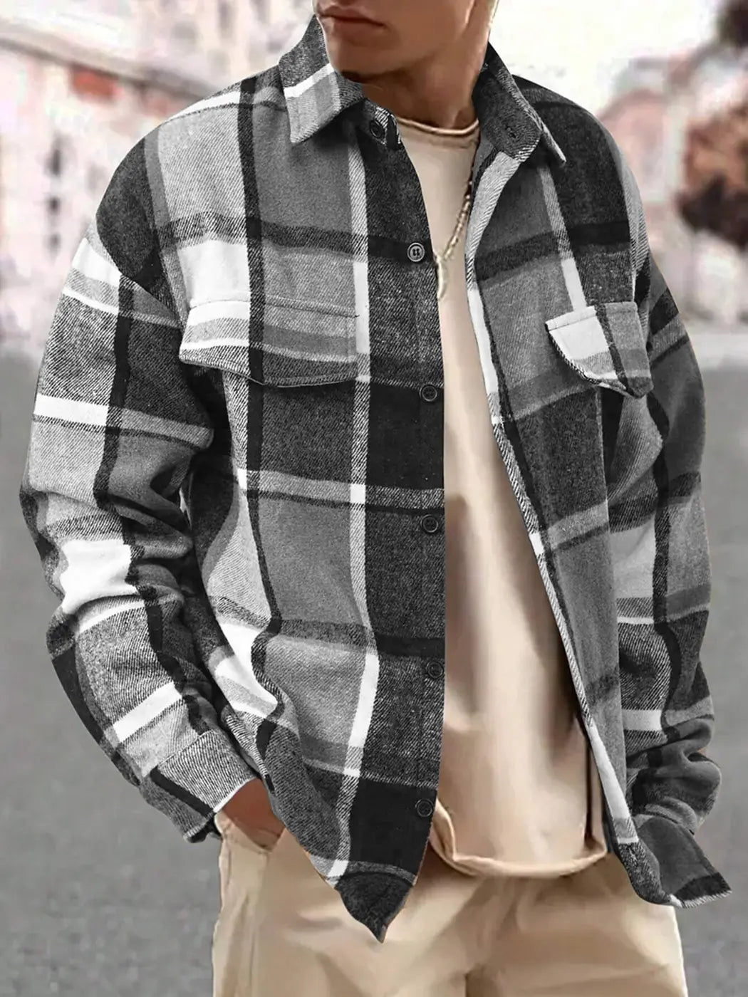 Dark Gray Men's Plaid Flannel Shirt Jacket with Relaxed Everyday Fit
