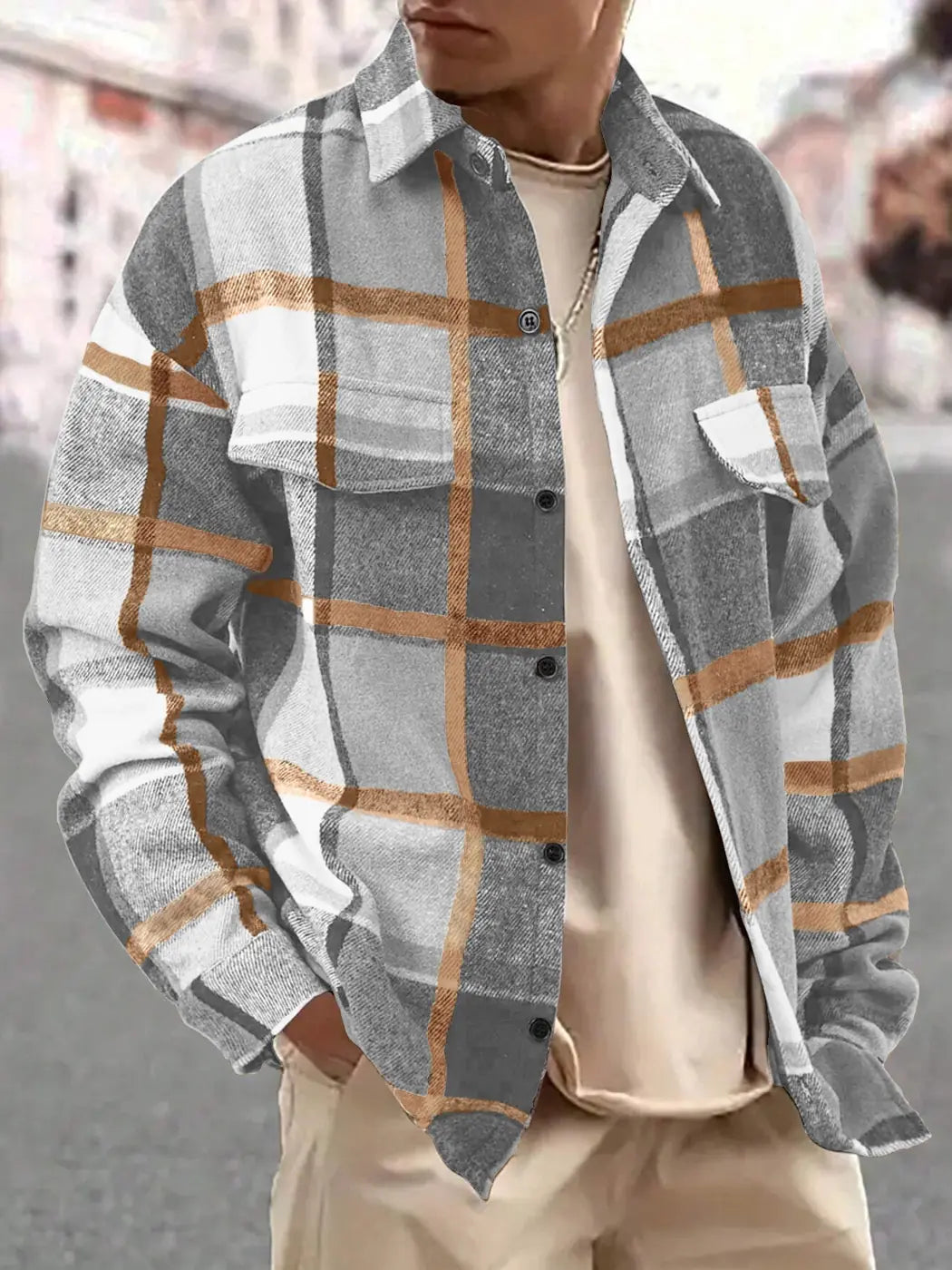 Light Gray Men's Plaid Flannel Shirt Jacket with Relaxed Everyday Fit