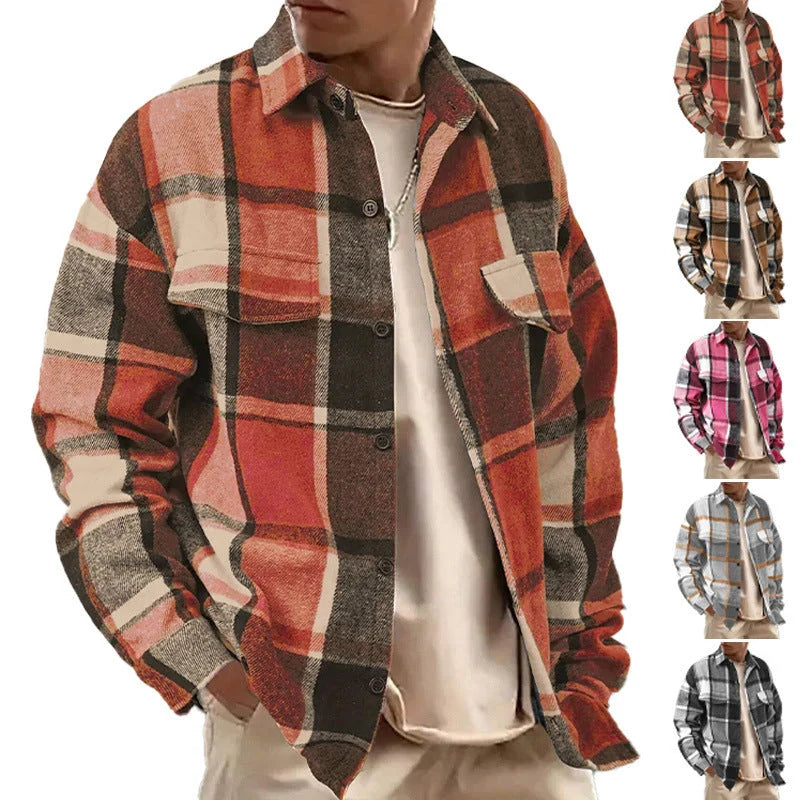 Orange Men's Plaid Flannel Shirt Jacket with Relaxed Everyday Fit - Collage Multicolor