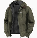 Army Green Men's Fleece Lined Hooded Jacket with Zip Pockets & Adjustable Hood - Front Product