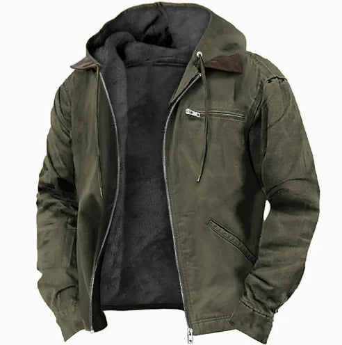Army Green Men's Fleece Lined Hooded Jacket with Zip Pockets & Adjustable Hood - Front Product