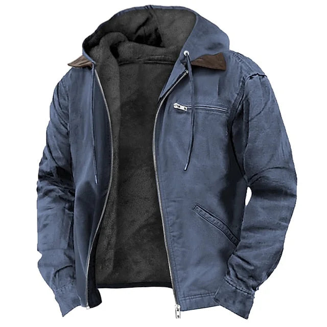 Blue Men's Fleece Lined Hooded Jacket with Zip Pockets & Adjustable Hood