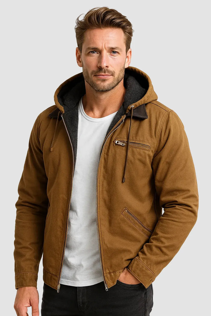Brown Men's Fleece Lined Hooded Jacket with Zip Pockets & Adjustable Hood - Front Worn Lifestyle