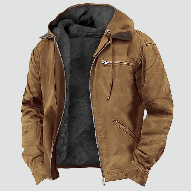 Men's Fleece Lined Hooded Jacket with Zip Pockets & Adjustable Hood