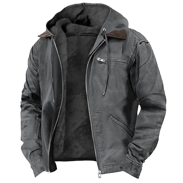 Grey Men's Fleece Lined Hooded Jacket with Zip Pockets & Adjustable Hood