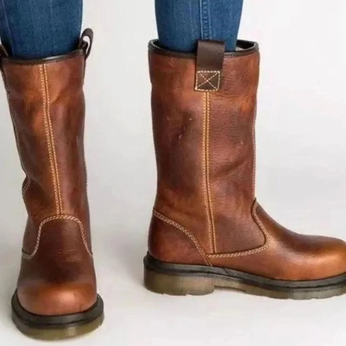 Brown Women's Leather Winter Boots with Fleece-Lined Mid-Calf Cuff - Back Detail