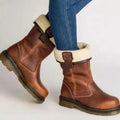 Brown Women's Leather Winter Boots with Fleece-Lined Mid-Calf Cuff - Walking Pose