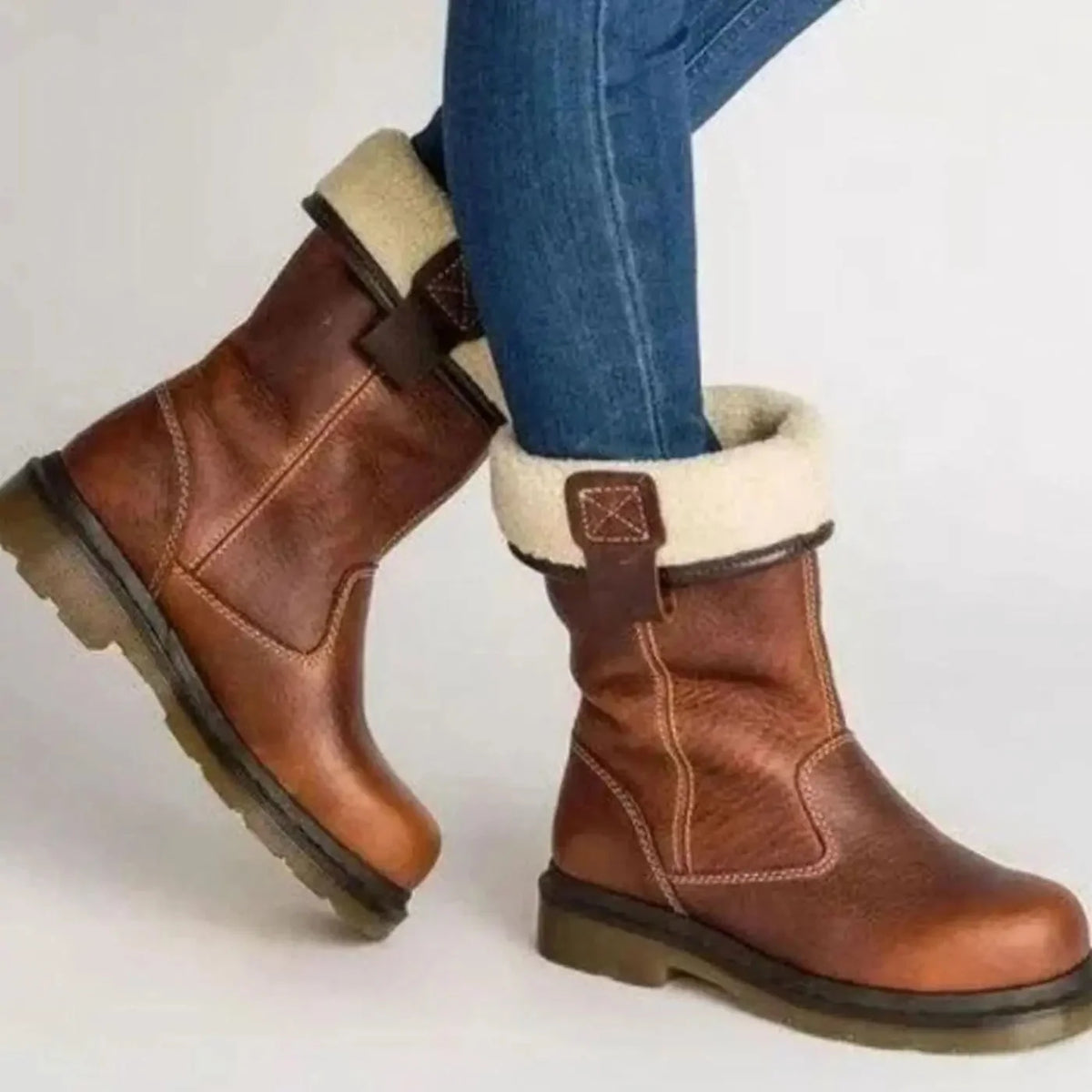 Brown Women's Leather Winter Boots with Fleece-Lined Mid-Calf Cuff - Walking Pose