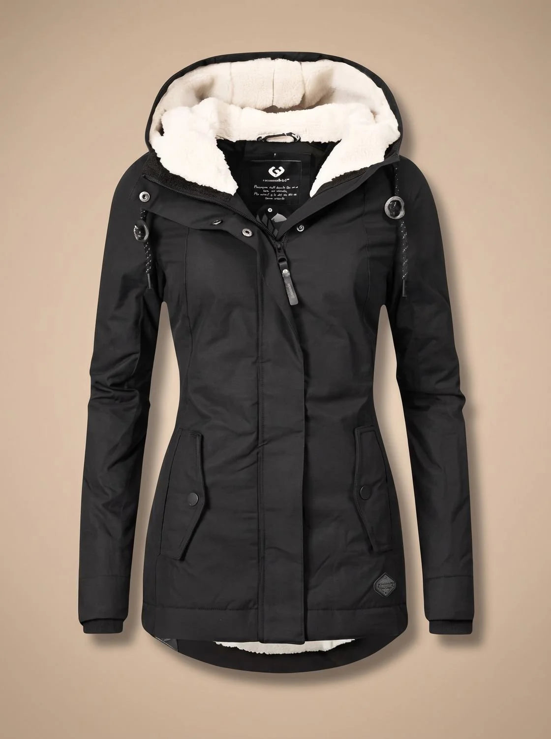 Black Women's Fleece-Lined Waterproof Jacket with Hood & Side Pockets