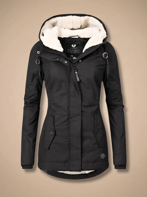 Black Women's Fleece-Lined Waterproof Jacket with Hood & Side Pockets