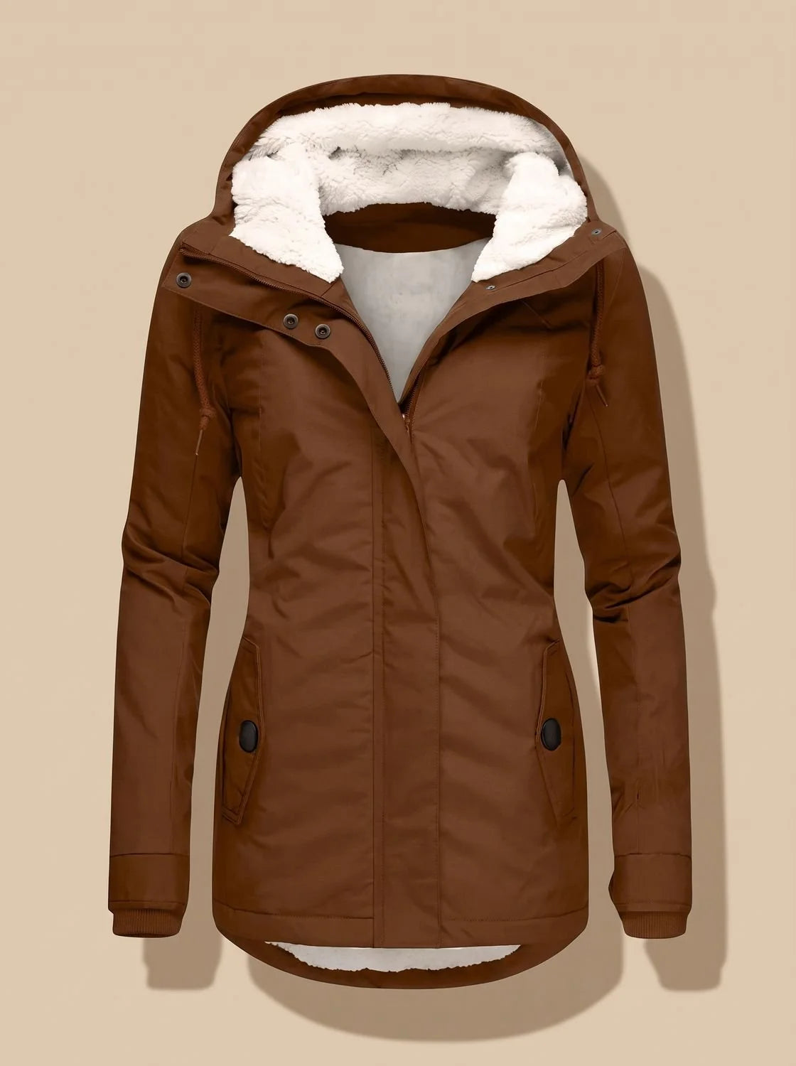 Brown Women's Fleece-Lined Waterproof Jacket with Hood & Side Pockets