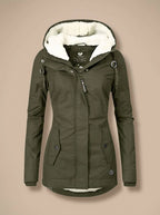 Green Women's Fleece-Lined Waterproof Jacket with Hood & Side Pockets