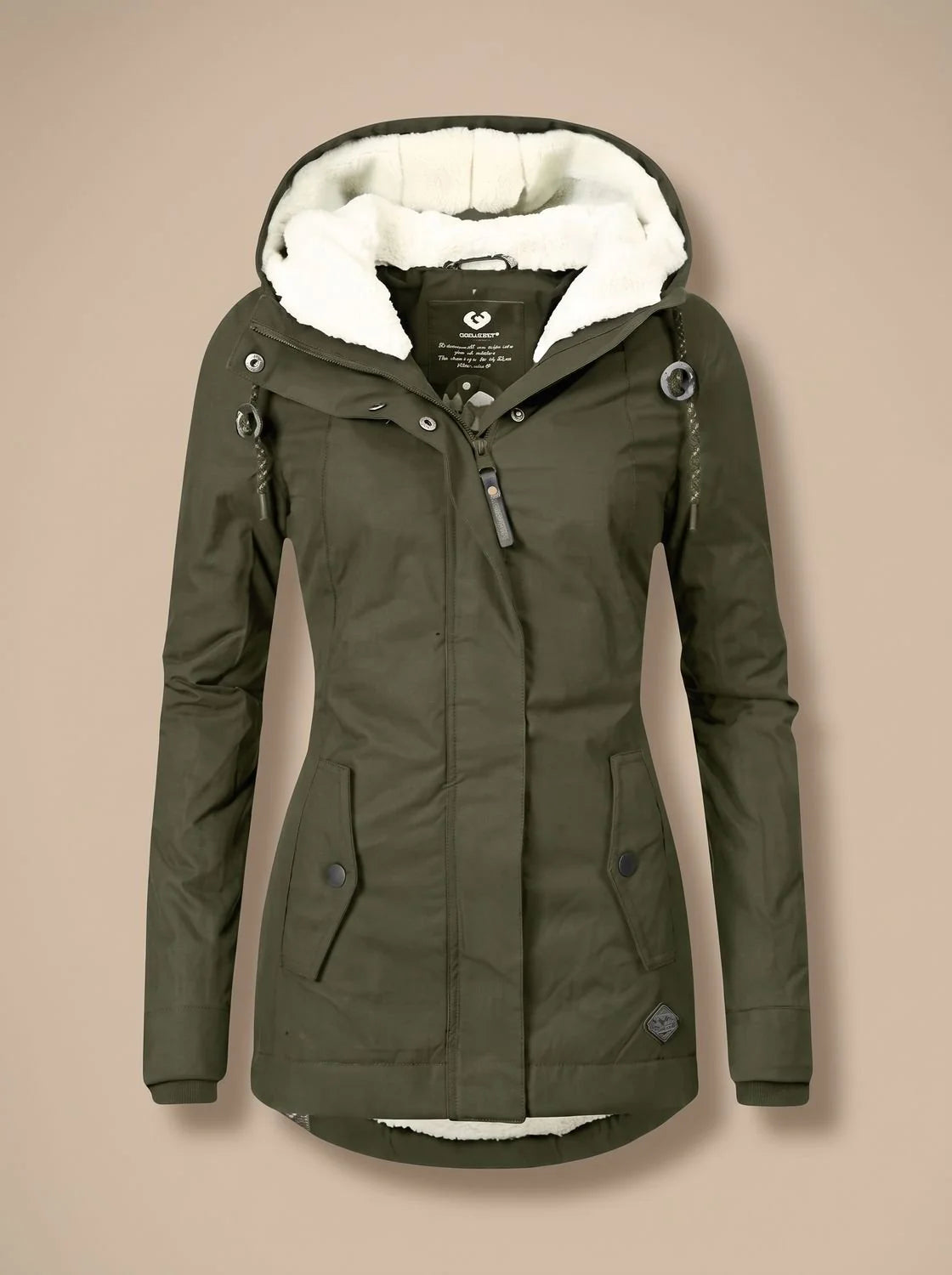 Green Women's Fleece-Lined Waterproof Jacket with Hood & Side Pockets