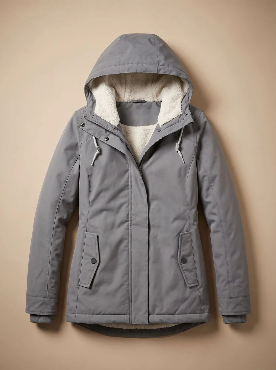 Grey Women's Fleece-Lined Waterproof Jacket with Hood & Side Pockets