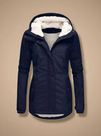 Navy Blue Women's Fleece-Lined Waterproof Jacket with Hood & Side Pockets - Flat Lay Front