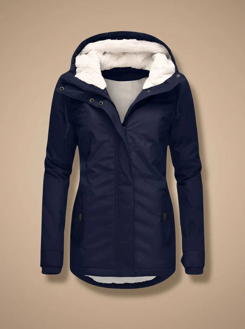 Navy Blue Women's Fleece-Lined Waterproof Jacket with Hood & Side Pockets - Flat Lay Front