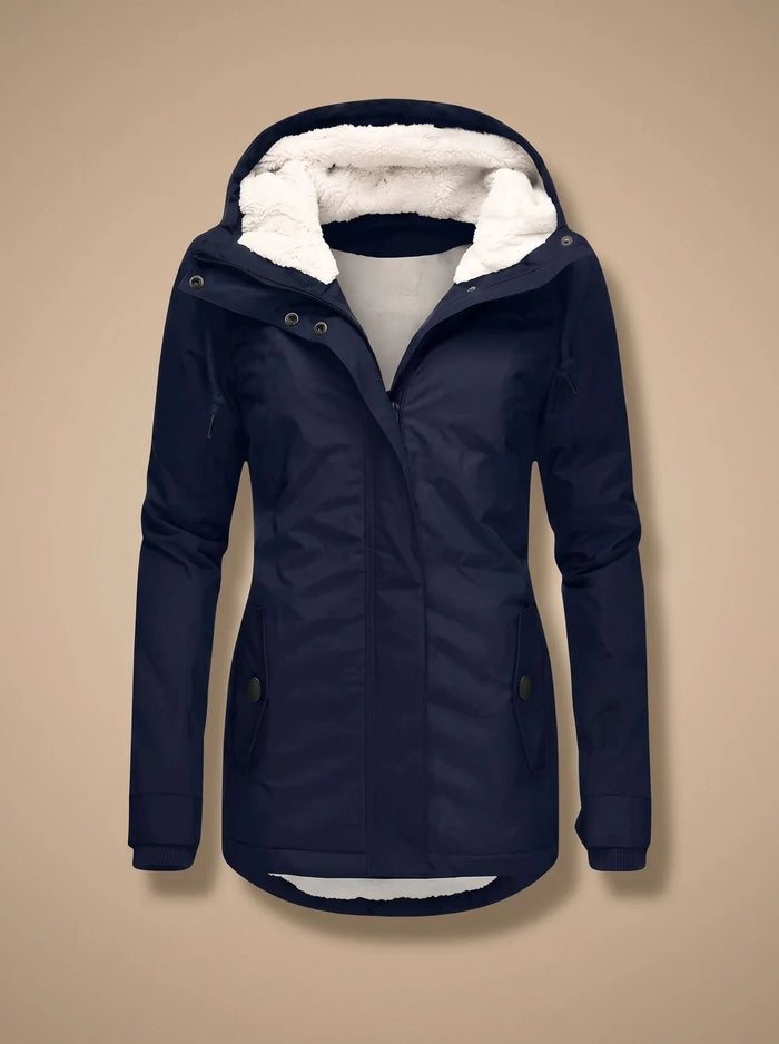 Navy Blue Women's Fleece-Lined Waterproof Jacket with Hood & Side Pockets - Flat Lay Front