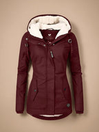 Red Women's Fleece-Lined Waterproof Jacket with Hood & Side Pockets