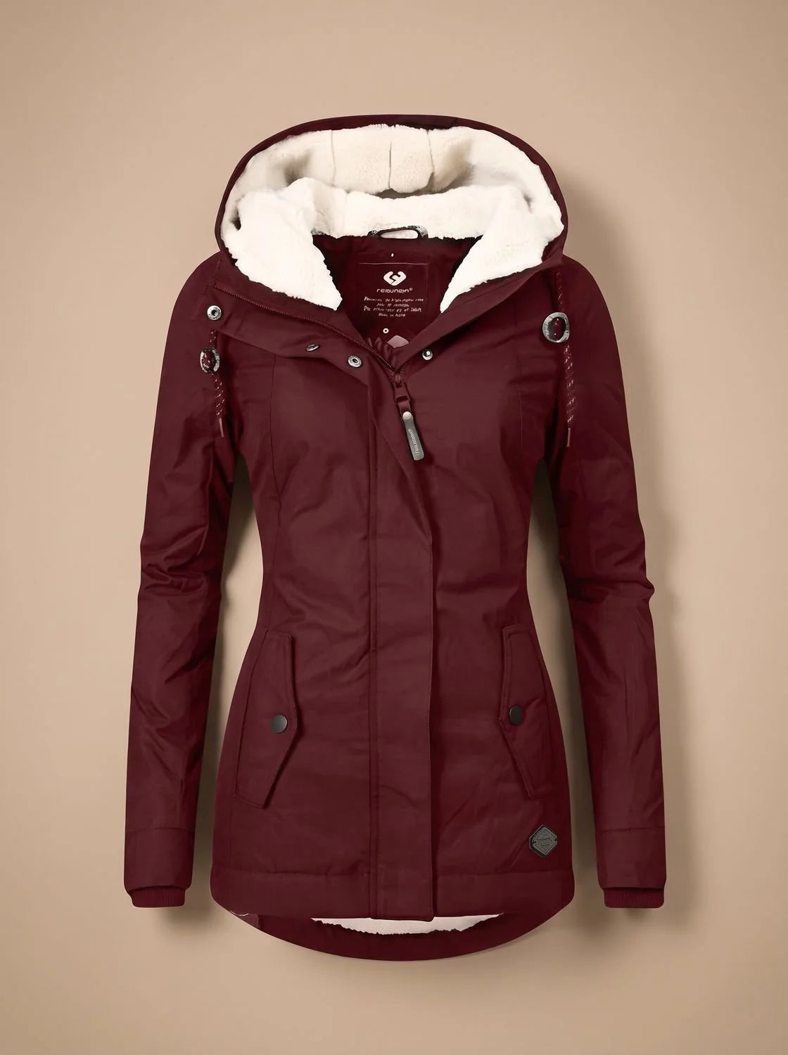 Red Women's Fleece-Lined Waterproof Jacket with Hood & Side Pockets