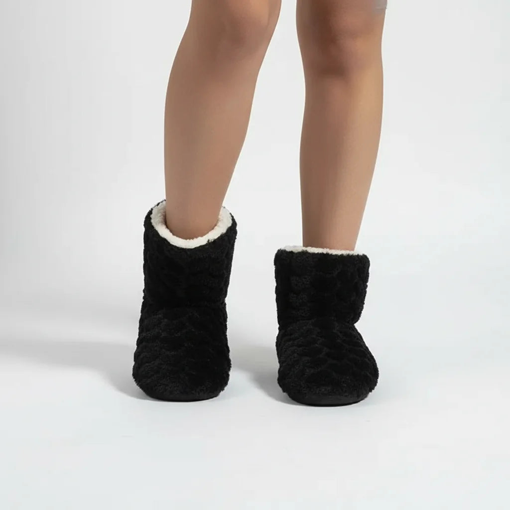 Black Women's Fluffy Slipper Boots with Velvet Finish & Fleece Lining - Studio Back View