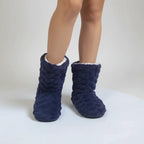 Dark Blue Women's Fluffy Slipper Boots with Velvet Finish & Fleece Lining - Studio Front Pose