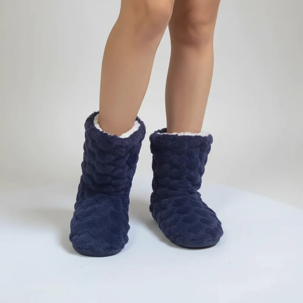 Dark Blue Women's Fluffy Slipper Boots with Velvet Finish & Fleece Lining - Studio Front Pose
