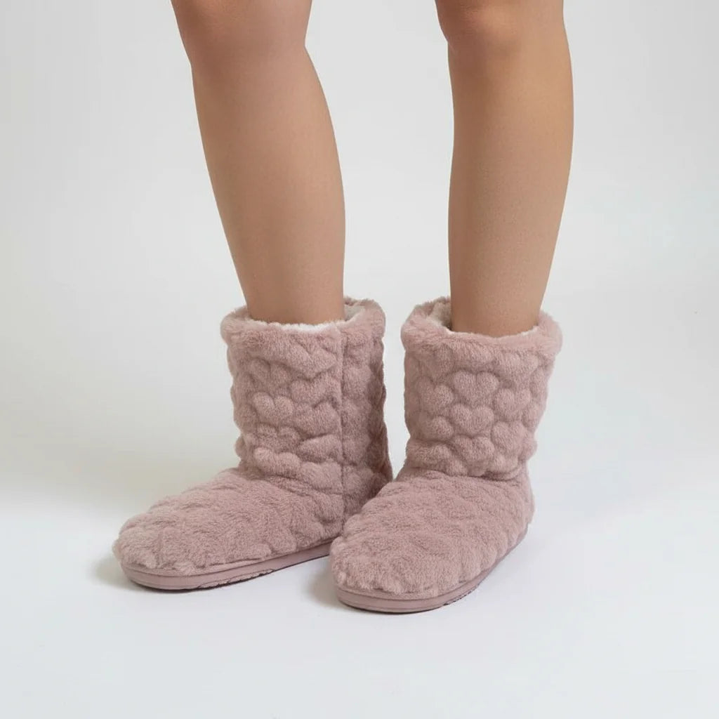 Dark Pink Women's Fluffy Slipper Boots with Velvet Finish & Fleece Lining - Studio Front Stance