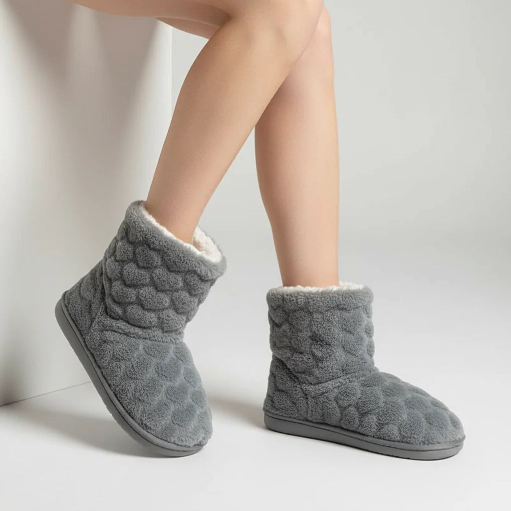 Grey Women's Fluffy Slipper Boots with Velvet Finish & Fleece Lining - Studio Sitting Pose