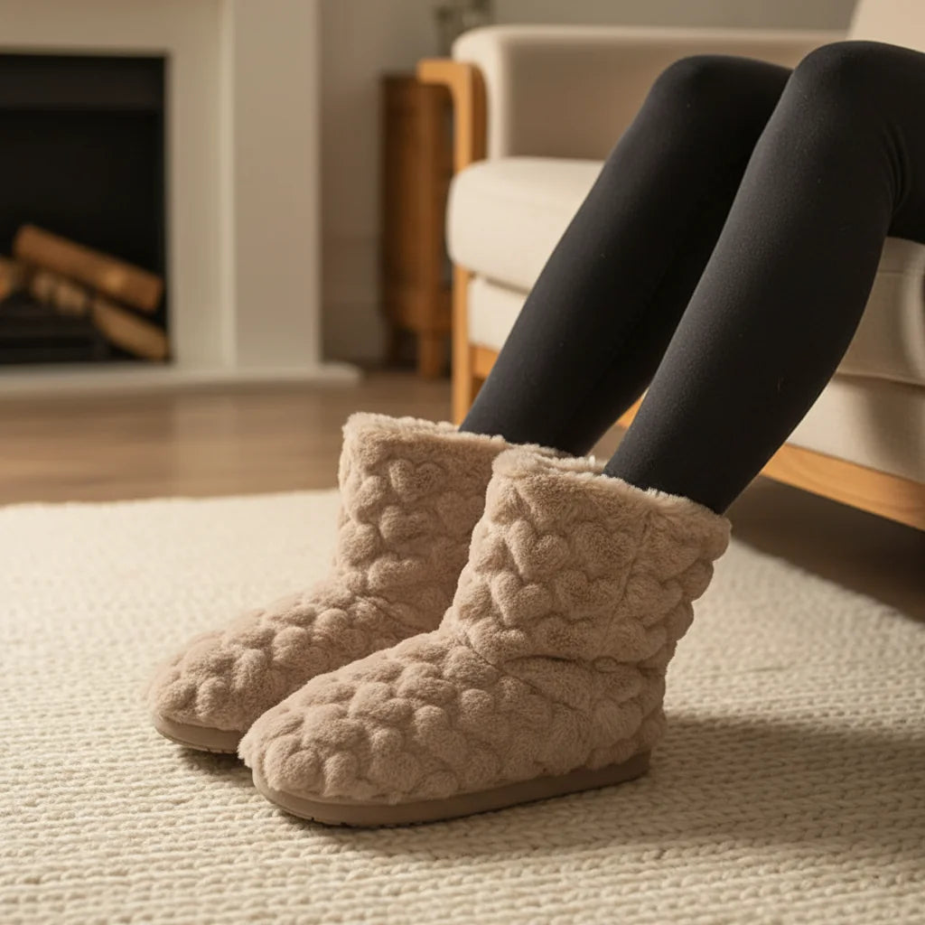 Khaki Women's Fluffy Slipper Boots with Velvet Finish & Fleece Lining - Lifestyle Fireplace Scene